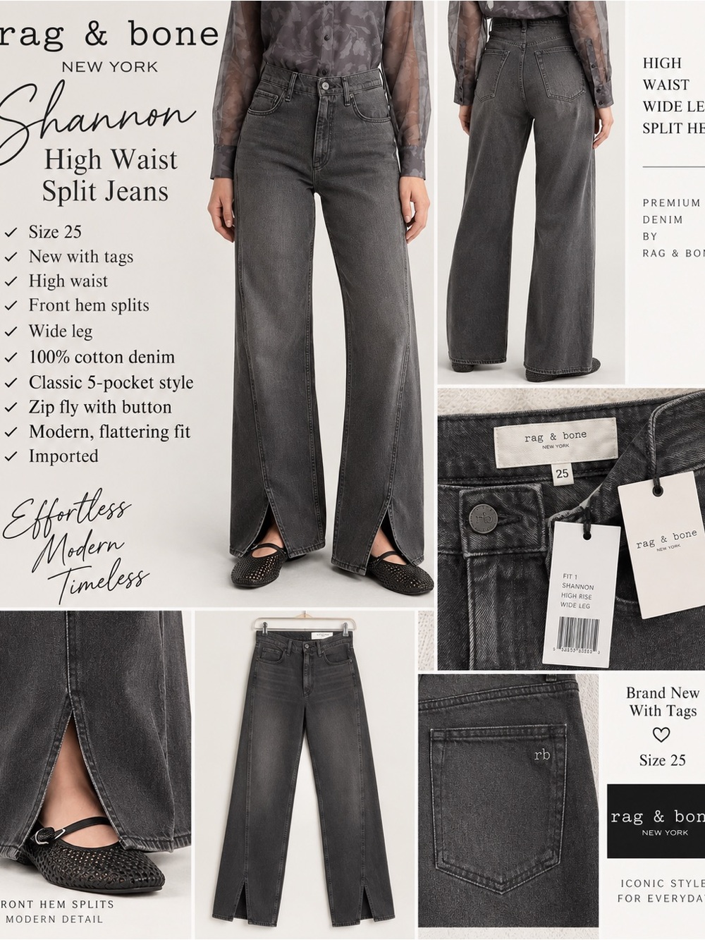 rag & bone Shannon High Waist Split Jeans — Charcoal size 25 NWT